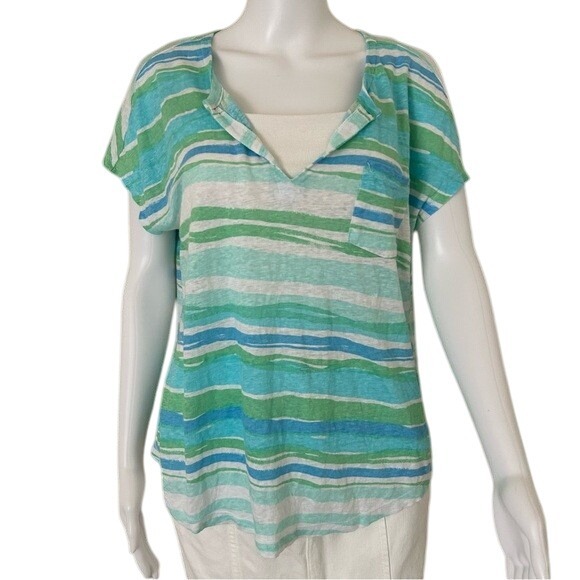 Lilly Pulitzer Duval notch Neckline Linen Seafoam Blue tee shirt blouse Size M - Picture 1 of 9
